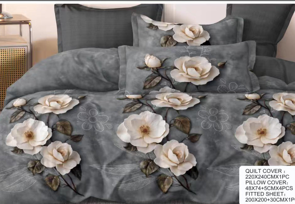Grey Rose Floral Cotton Bedsheet Set – 6 Piece