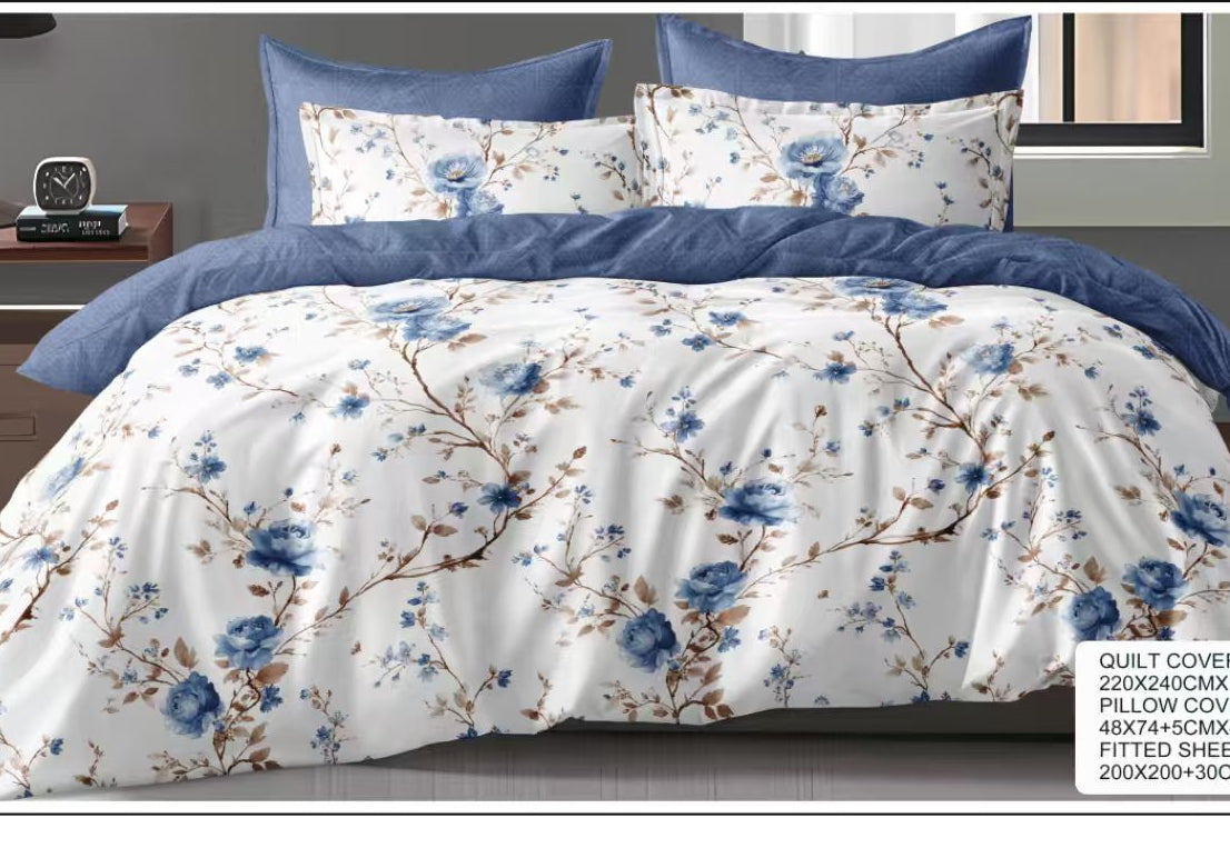 White & Blue Rose Branch Cotton Bedsheet Set – 6 Piece