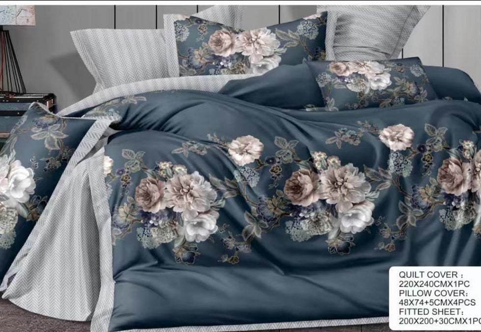 Dark Blue Vintage Floral Cotton Bedsheet Set – 6 Piece