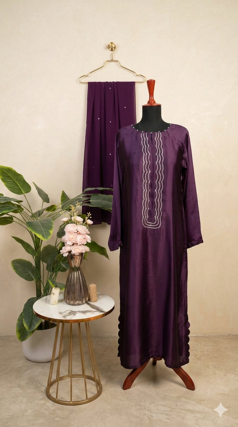 Royal Satin Pearl-Embellished 3PC Kaftan Set – Pure Russian Silk with Chiffon Dupatta (5 Colors)