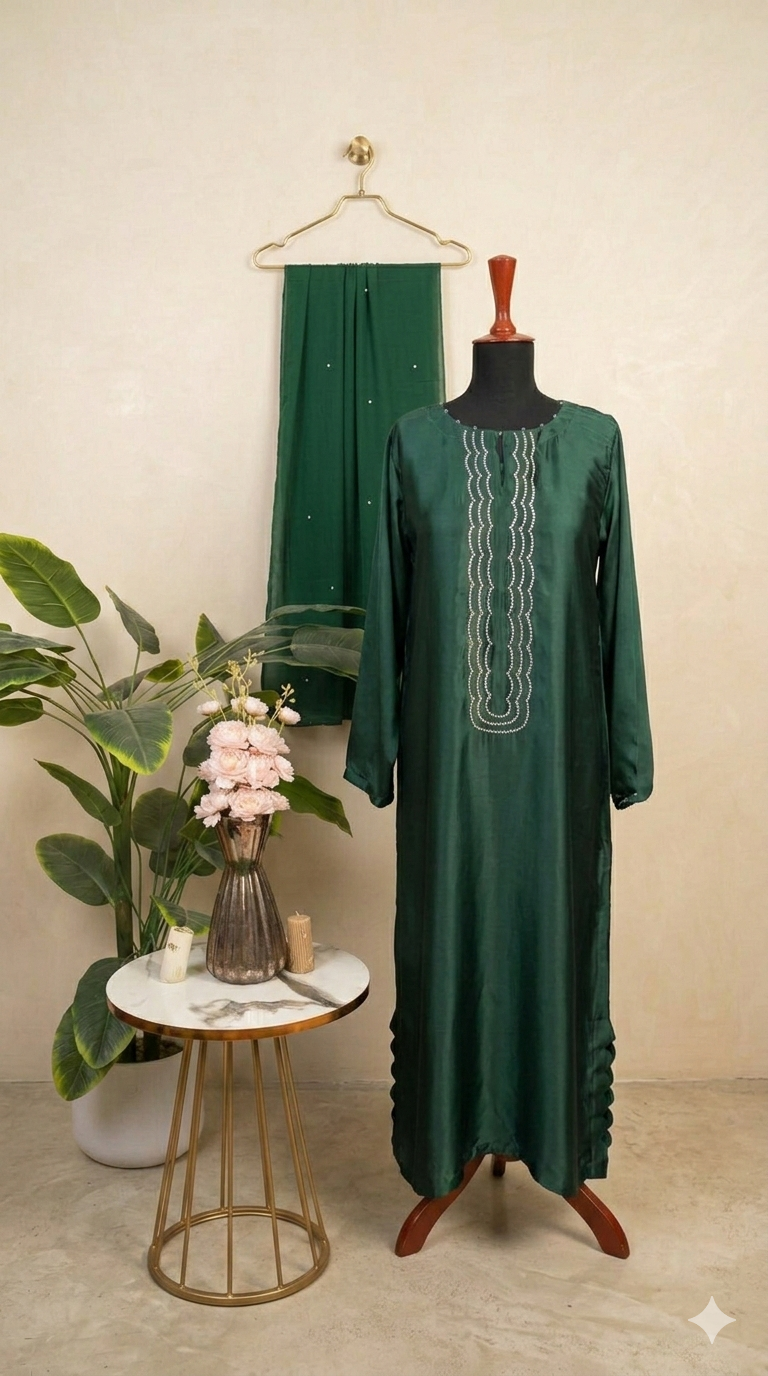 Royal Satin Pearl-Embellished 3PC Kaftan Set – Pure Russian Silk with Chiffon Dupatta (5 Colors)