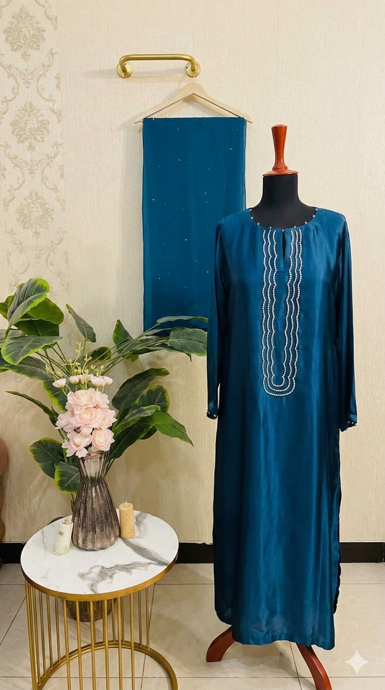 Royal Satin Pearl-Embellished 3PC Kaftan Set – Pure Russian Silk with Chiffon Dupatta (5 Colors)