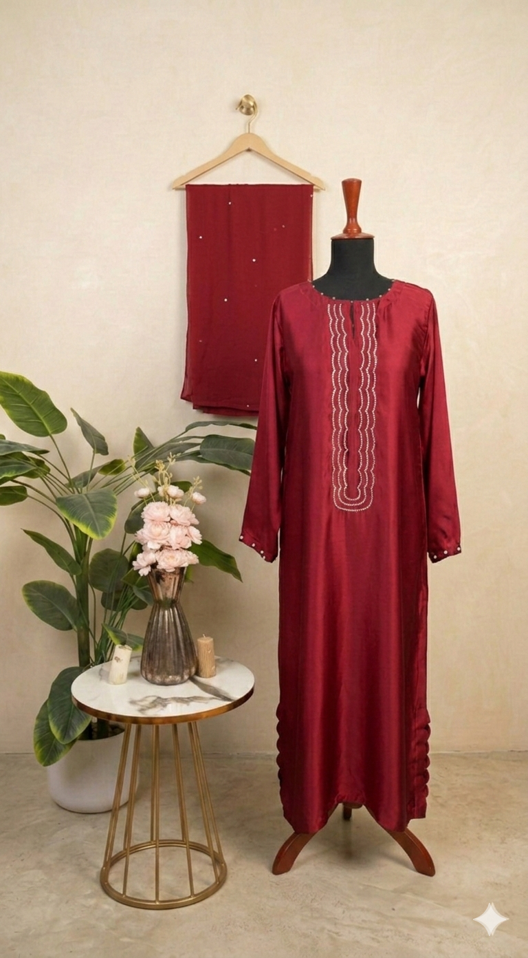 Royal Satin Pearl-Embellished 3PC Kaftan Set – Pure Russian Silk with Chiffon Dupatta (5 Colors)