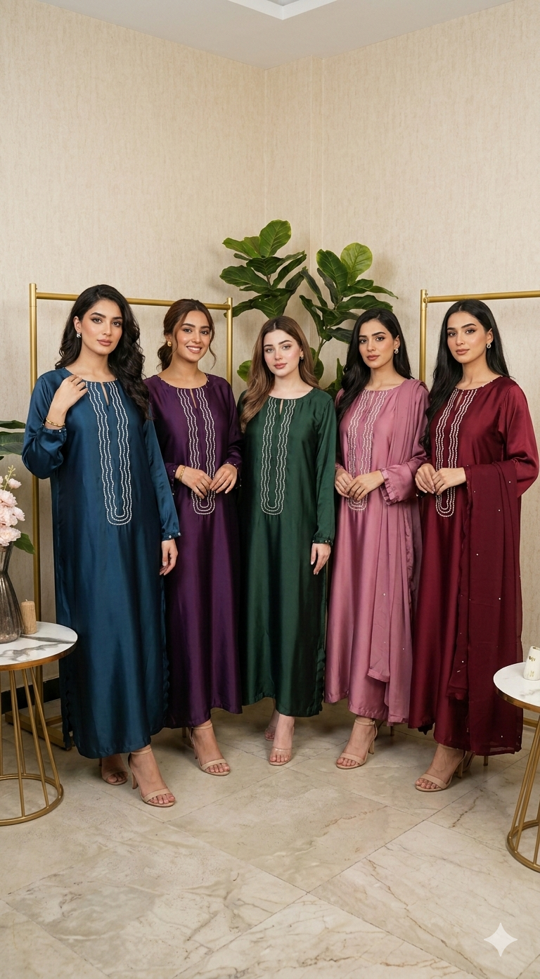 Royal Satin Pearl-Embellished 3PC Kaftan Set – Pure Russian Silk with Chiffon Dupatta (5 Colors)