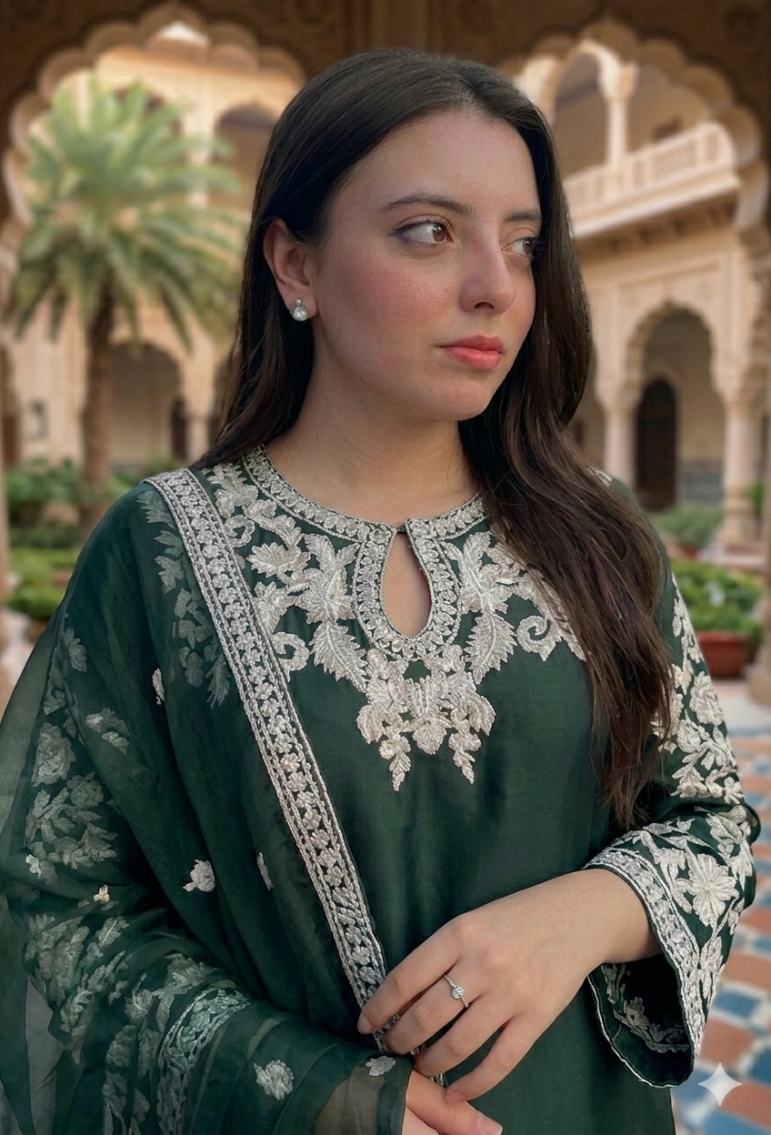 Emerald Green Embroidered 3PC Suit – Luxury Chiffon Dupatta with Intricate White Thread Work