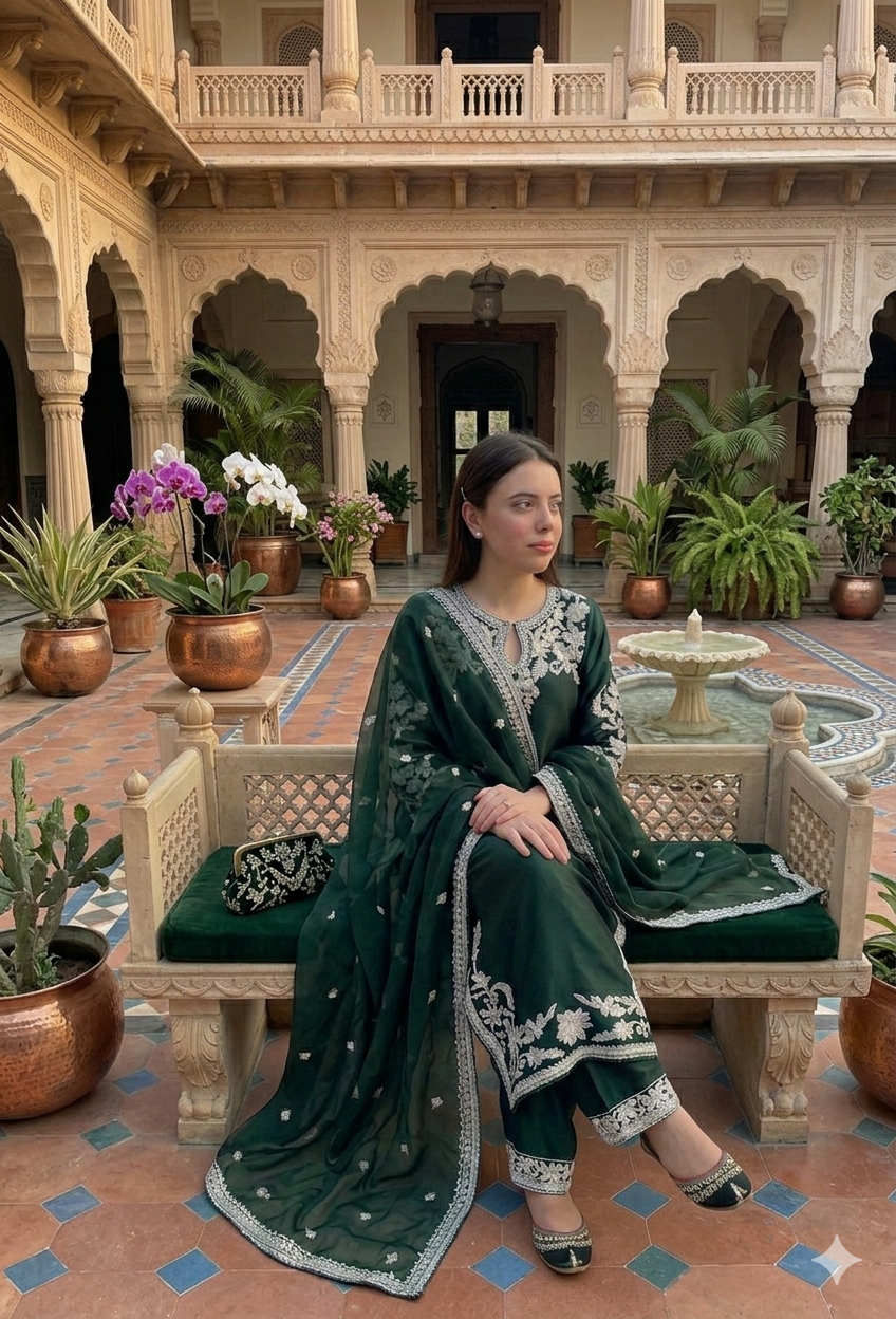 Emerald Green Embroidered 3PC Suit – Luxury Chiffon Dupatta with Intricate White Thread Work