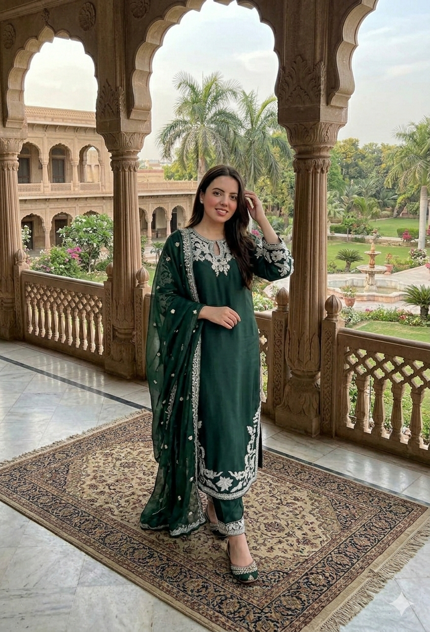 Emerald Green Embroidered 3PC Suit – Luxury Chiffon Dupatta with Intricate White Thread Work