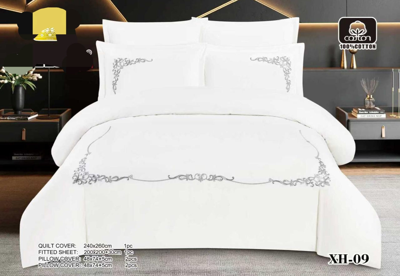 Luxury Super King 6-Piece White Cotton Bedding Set with Gold Embroidery | Quilt Cover 240x260cm + Fitted Sheet + 4 Pillowcases (XH-07/XH-09/XH-10)