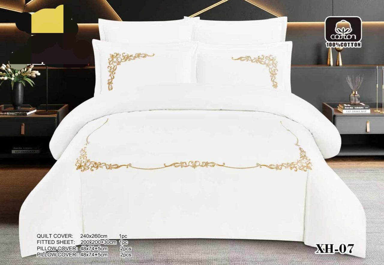 Luxury Super King 6-Piece White Cotton Bedding Set with Gold Embroidery | Quilt Cover 240x260cm + Fitted Sheet + 4 Pillowcases (XH-07/XH-09/XH-10)