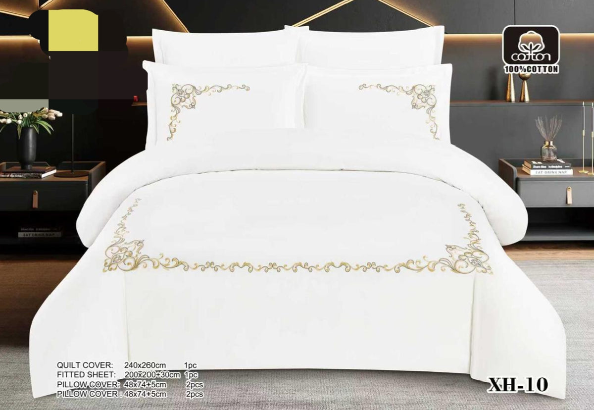 Luxury Super King 6-Piece White Cotton Bedding Set with Gold Embroidery | Quilt Cover 240x260cm + Fitted Sheet + 4 Pillowcases (XH-07/XH-09/XH-10)