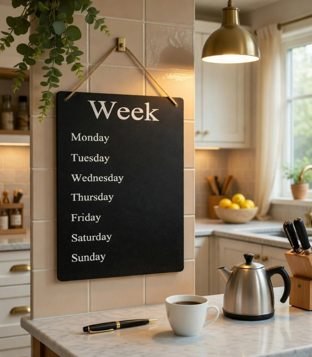 Weekly Planner Elegant Black Glitter Board | Reusable Family Schedule | Kitchen Wall Hanging Organizer