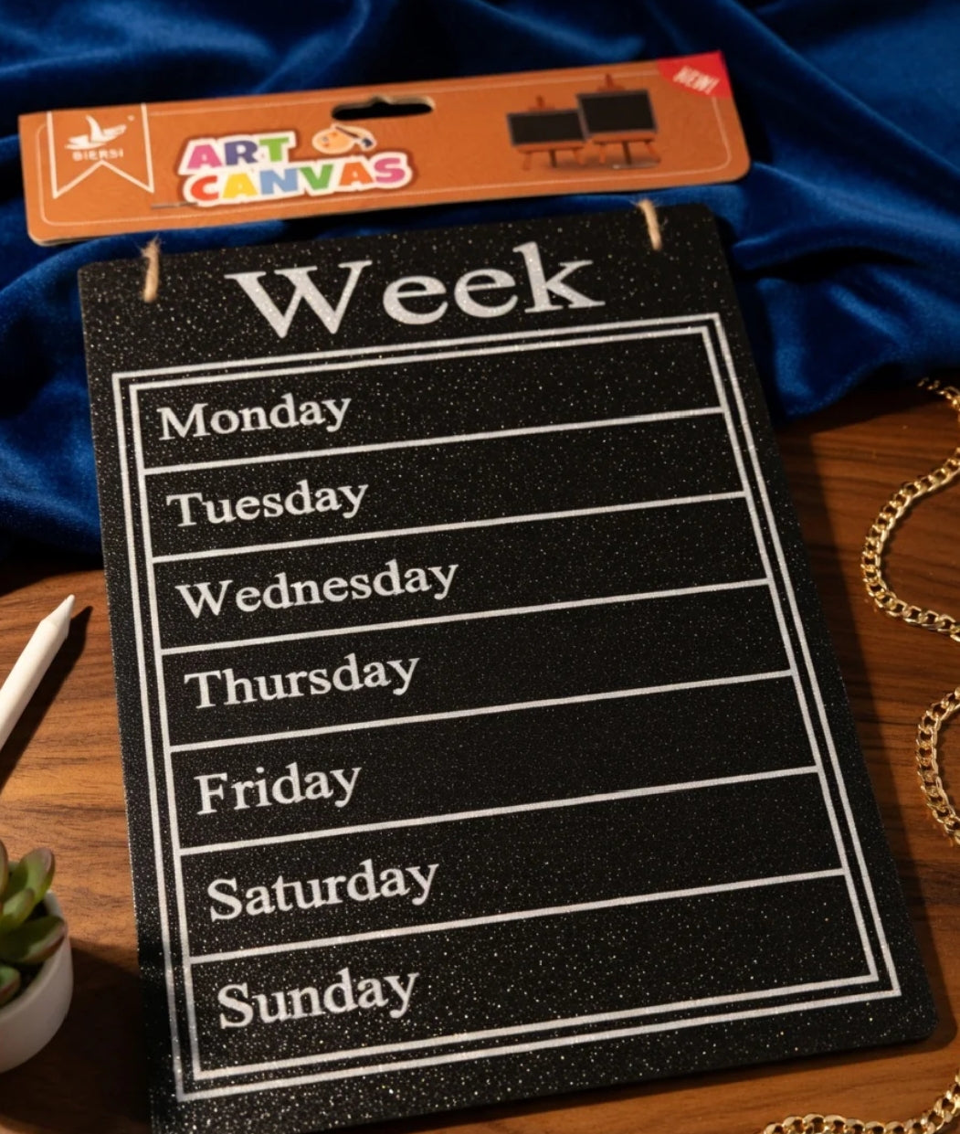 Weekly Planner Elegant Black Glitter Board | Reusable Family Schedule | Kitchen Wall Hanging Organizer