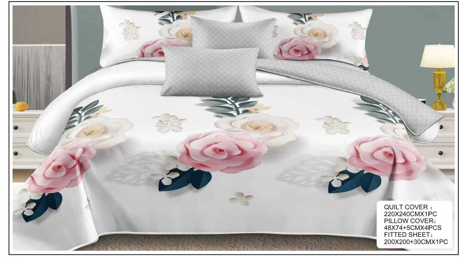 King Size Luxury Bedding Set (6 Pieces) – Quilt Cover 220×240cm, Fitted Sheet 200×200+30cm, 4 Pillowcases – Premium Comfort & Elegant Design (Design 3)