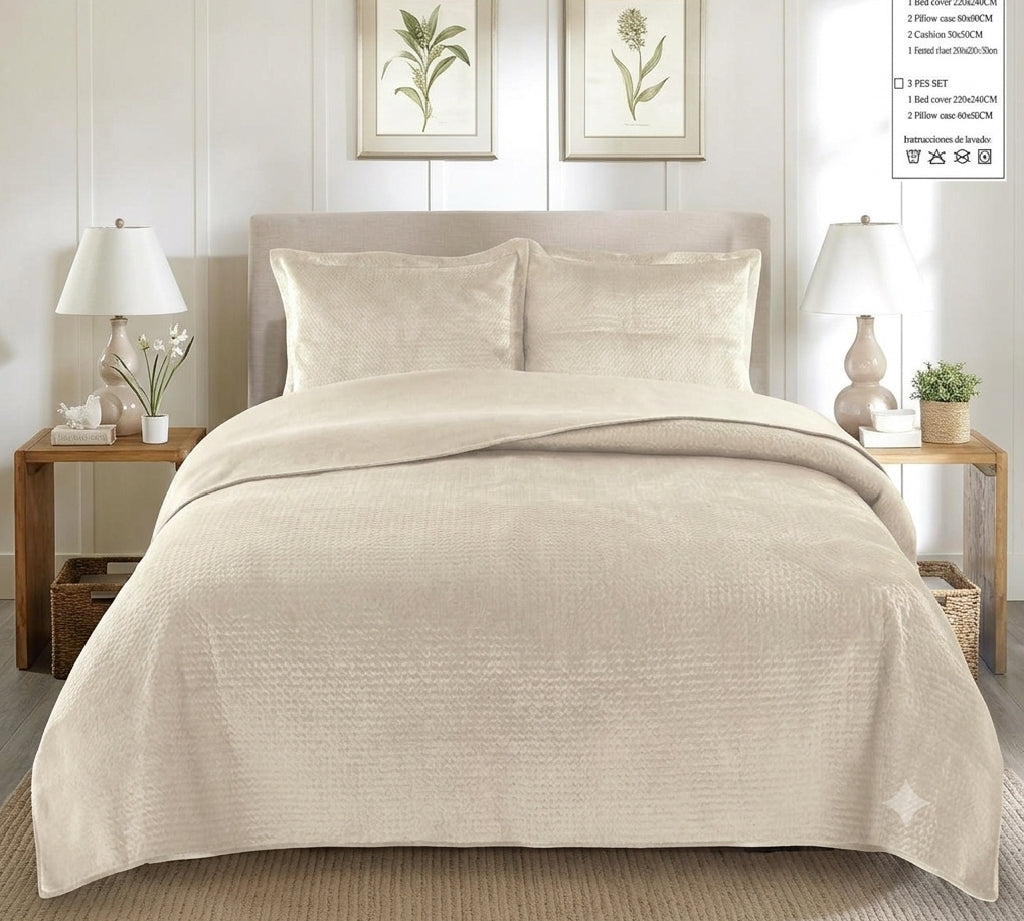 Luxury Cream Velvet Bedspread Set - Premium Quilted Soft Plush Coverlet