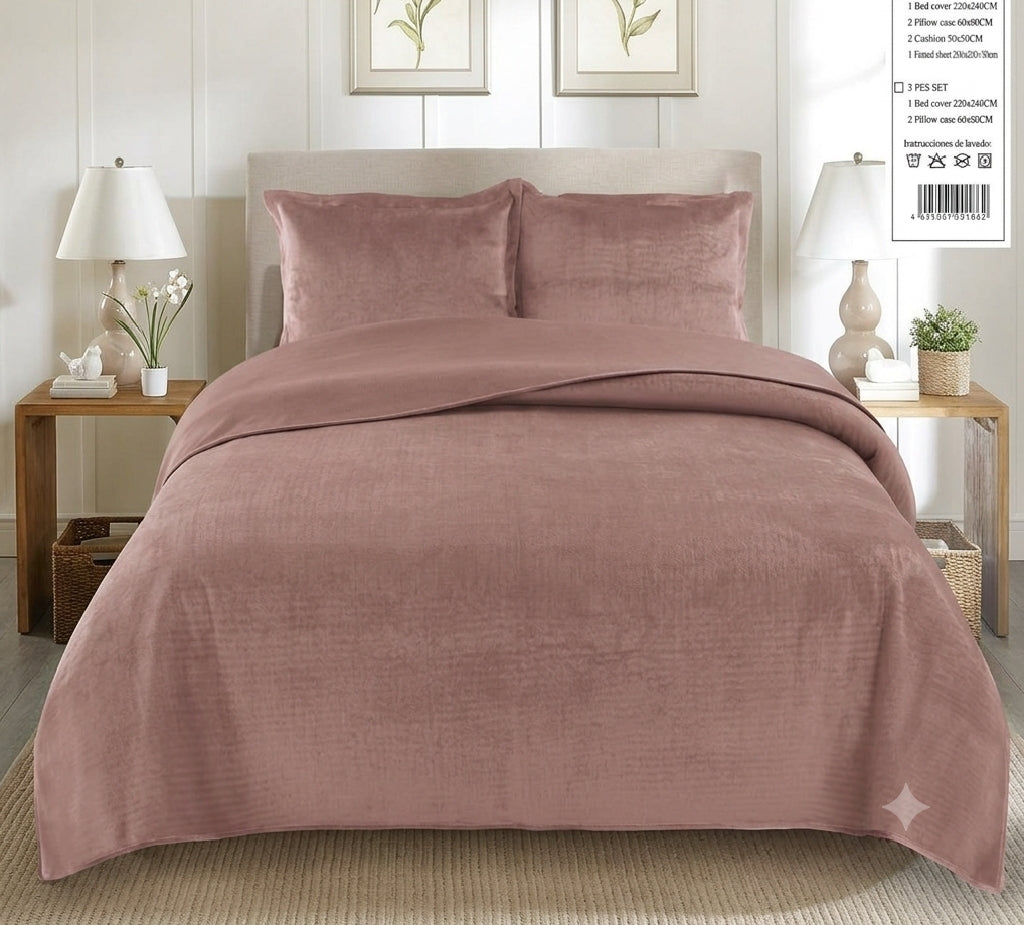 Premium Dusty Rose Velvet Bedspread Set - Elegant Quilted Plush Coverlet