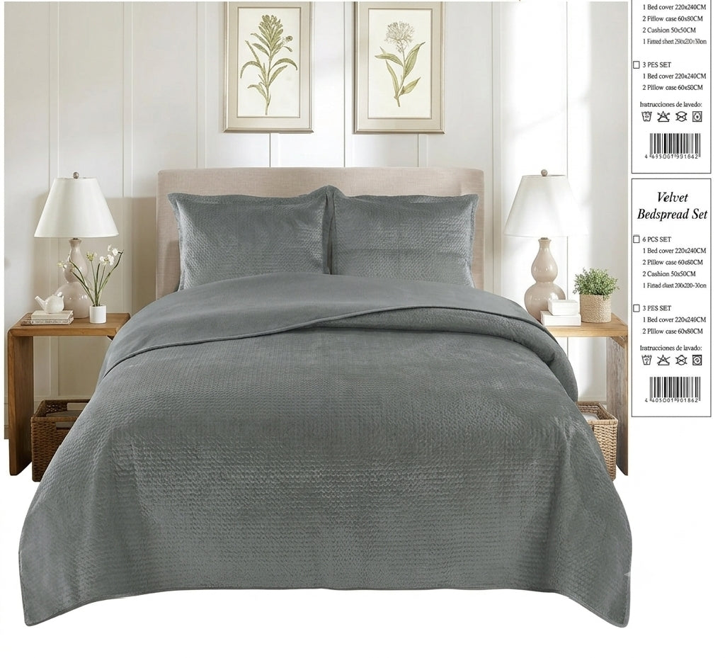 Modern Silver Gray Velvet Bedspread Set - Luxury Quilted Coverlet