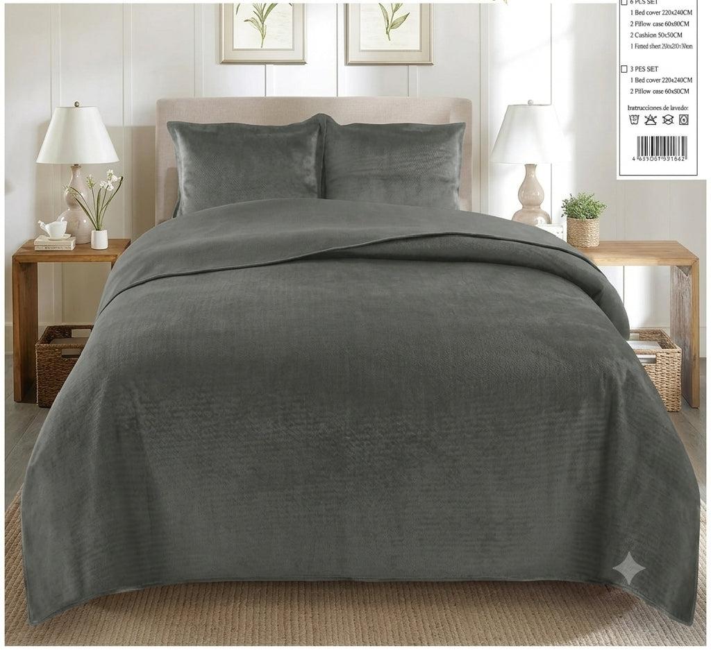 Luxury Charcoal Gray Velvet Bedspread Set - Premium Quilted Plush Coverlet