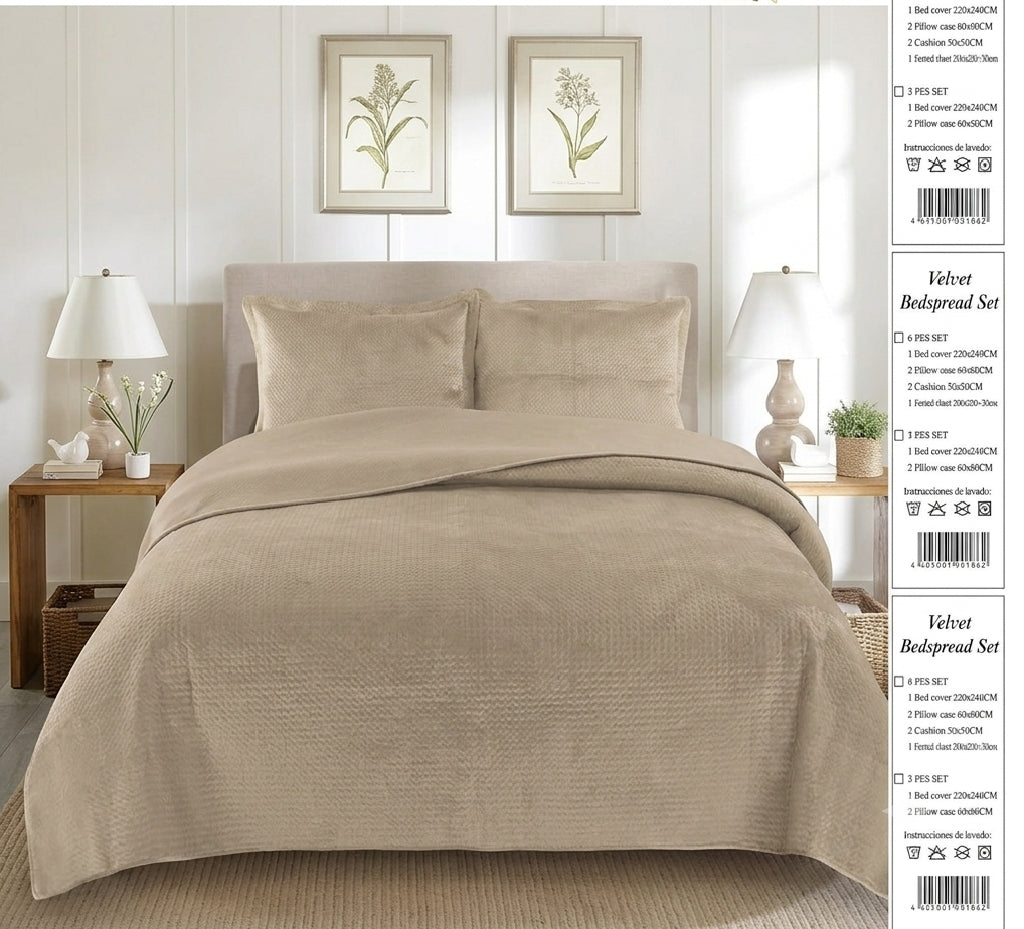 Premium Soft Taupe Velvet Bedspread Set - Luxury Quilted Coverlet