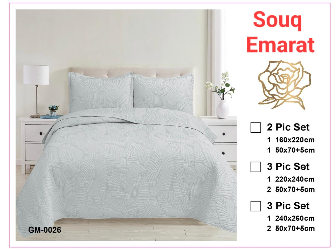 Silver Gray Bedspread Set - Modern Quilted Leaf Embossed Coverlet