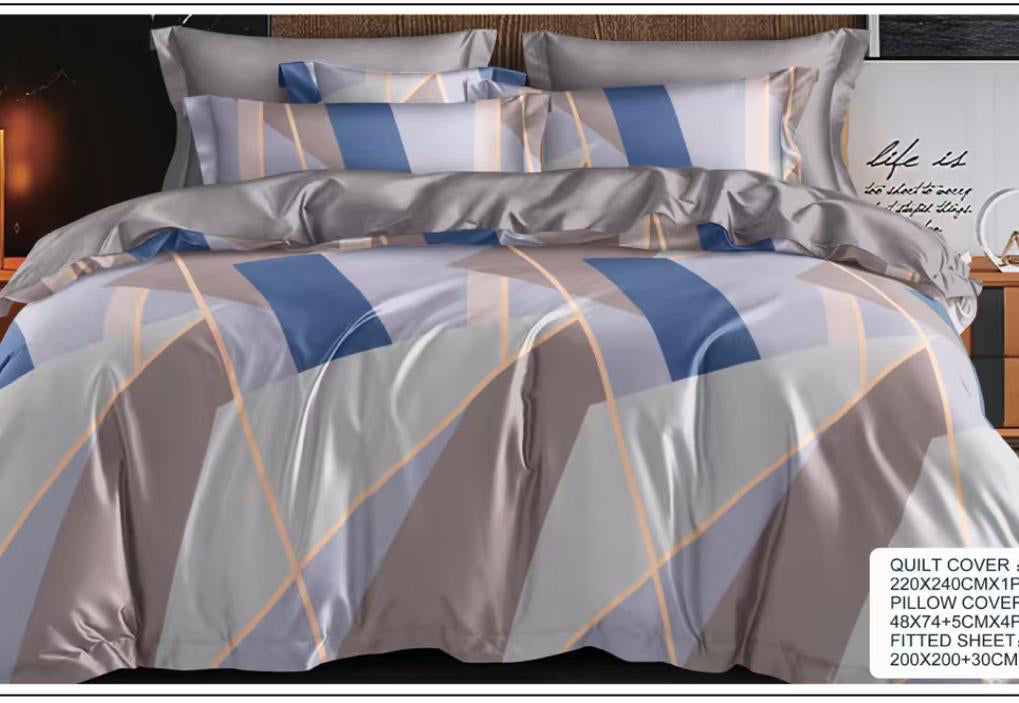 Grey & Blue Geometric Cotton Bedsheet Set – 6 Piece