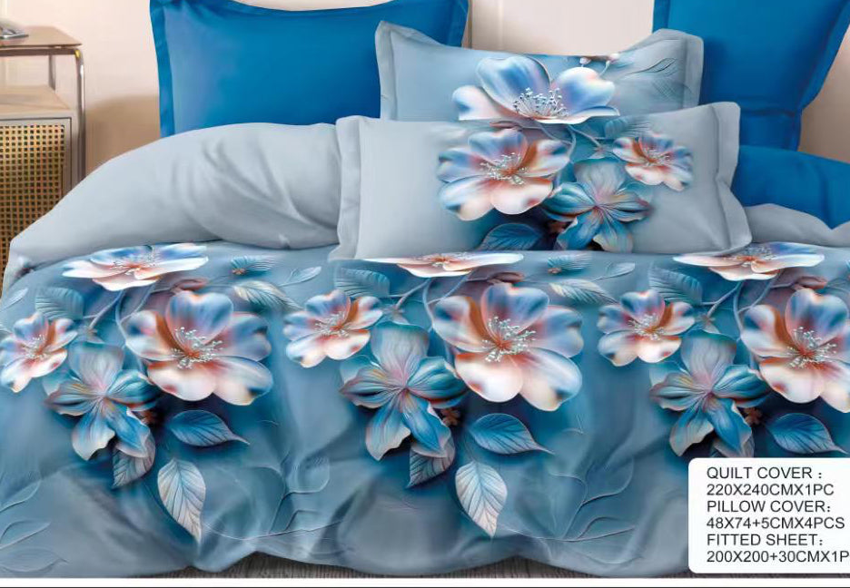 Teal Blue Hibiscus Floral Cotton Bedsheet Set – 6 Piece