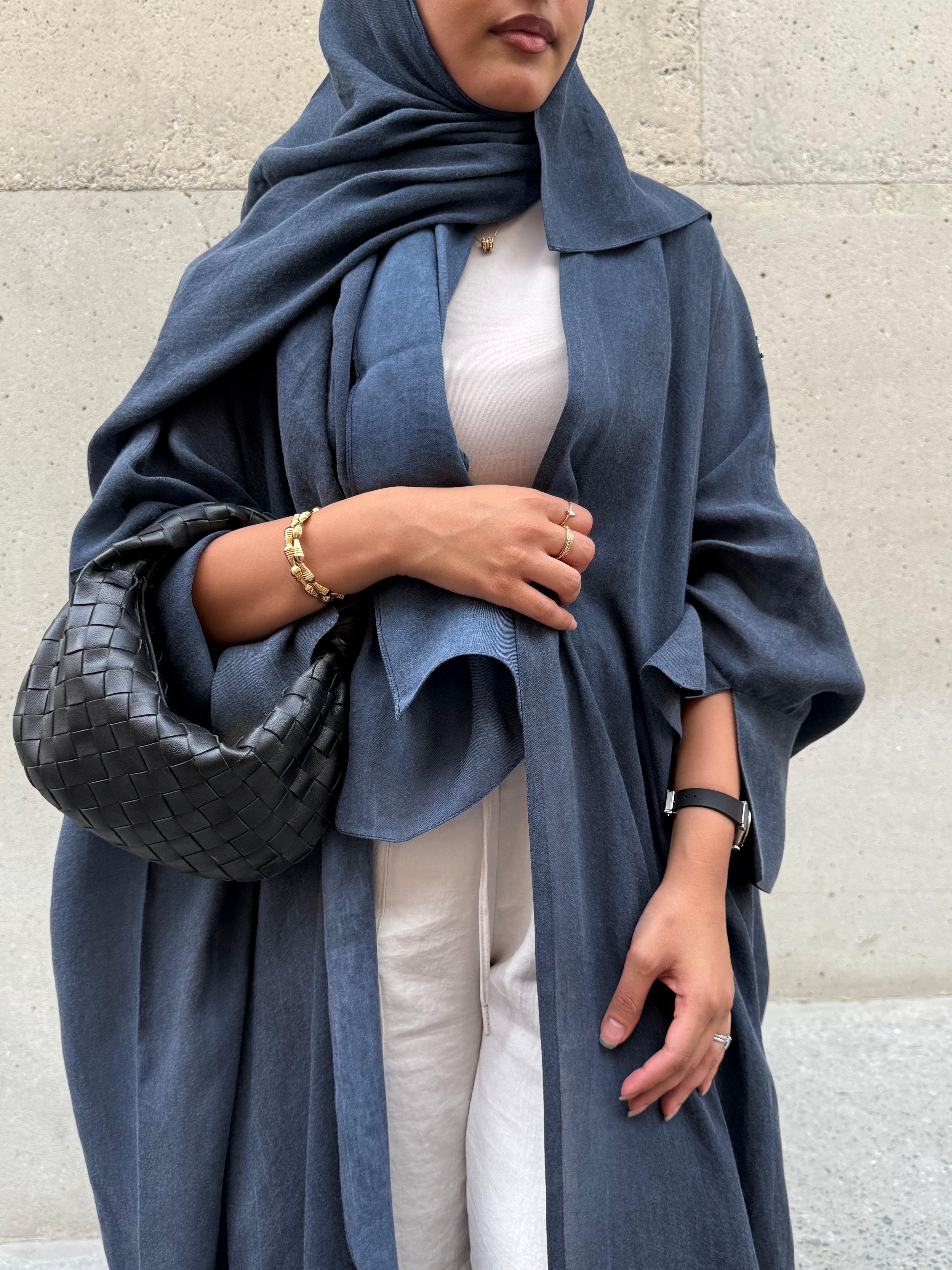 Turkish linen abaya, half-bisht cut - Blue