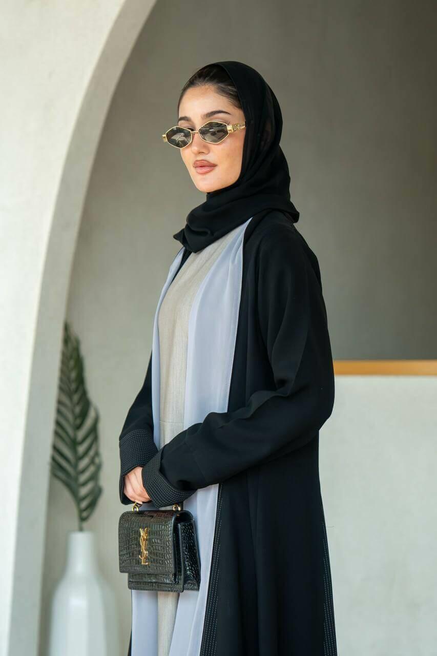 black crepe abaya  lined with gray chiffon
