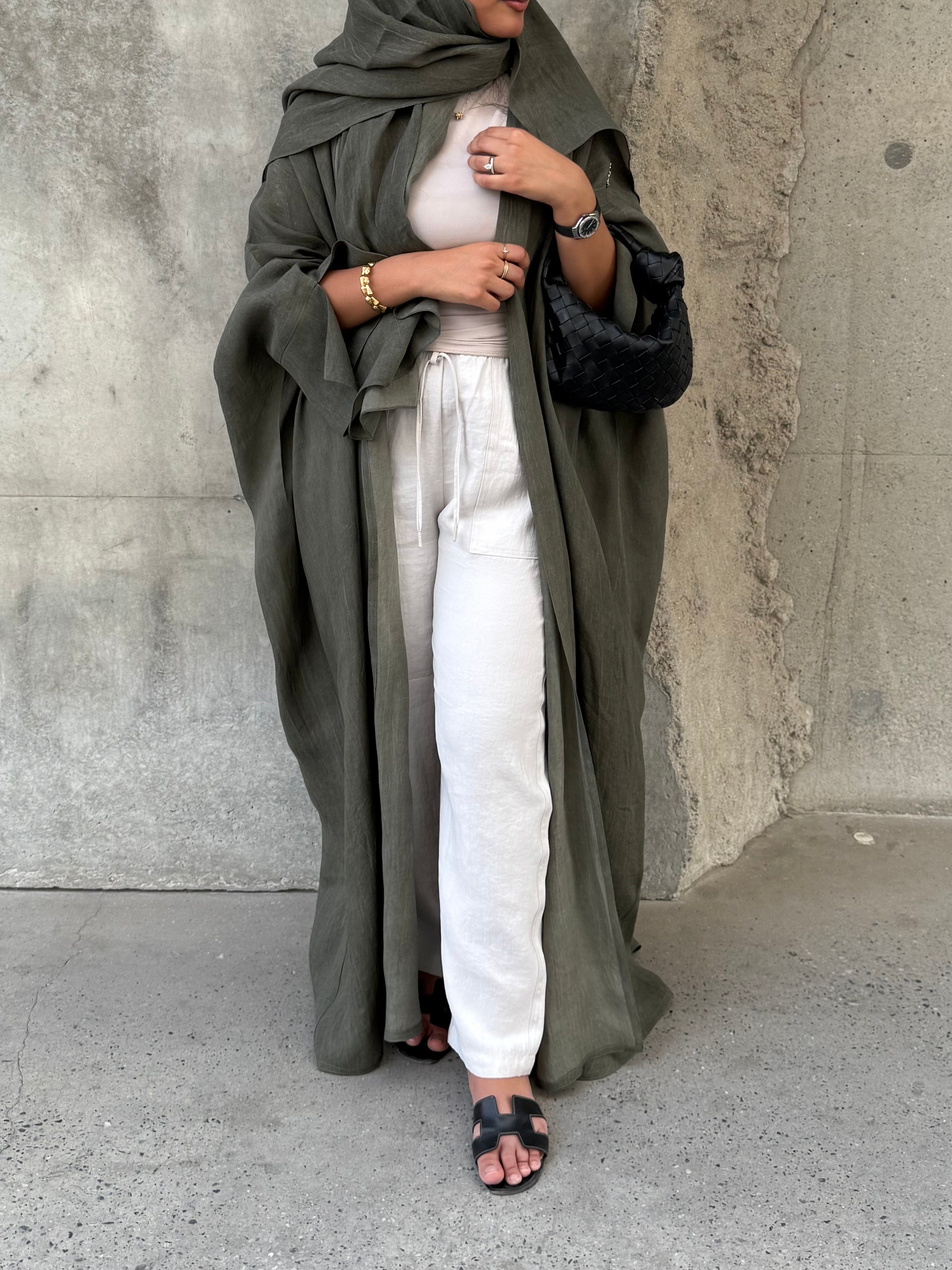 Turkish linen abaya, half-bisht cut - Green