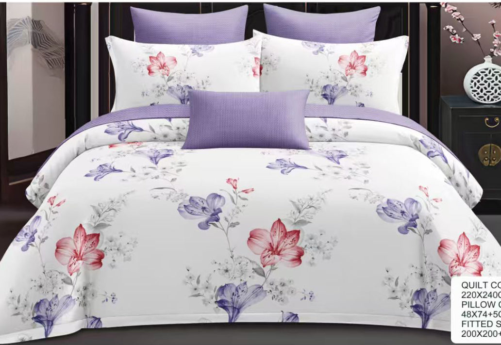 White & Purple Lily Floral Cotton Bedsheet Set – 6 Piece