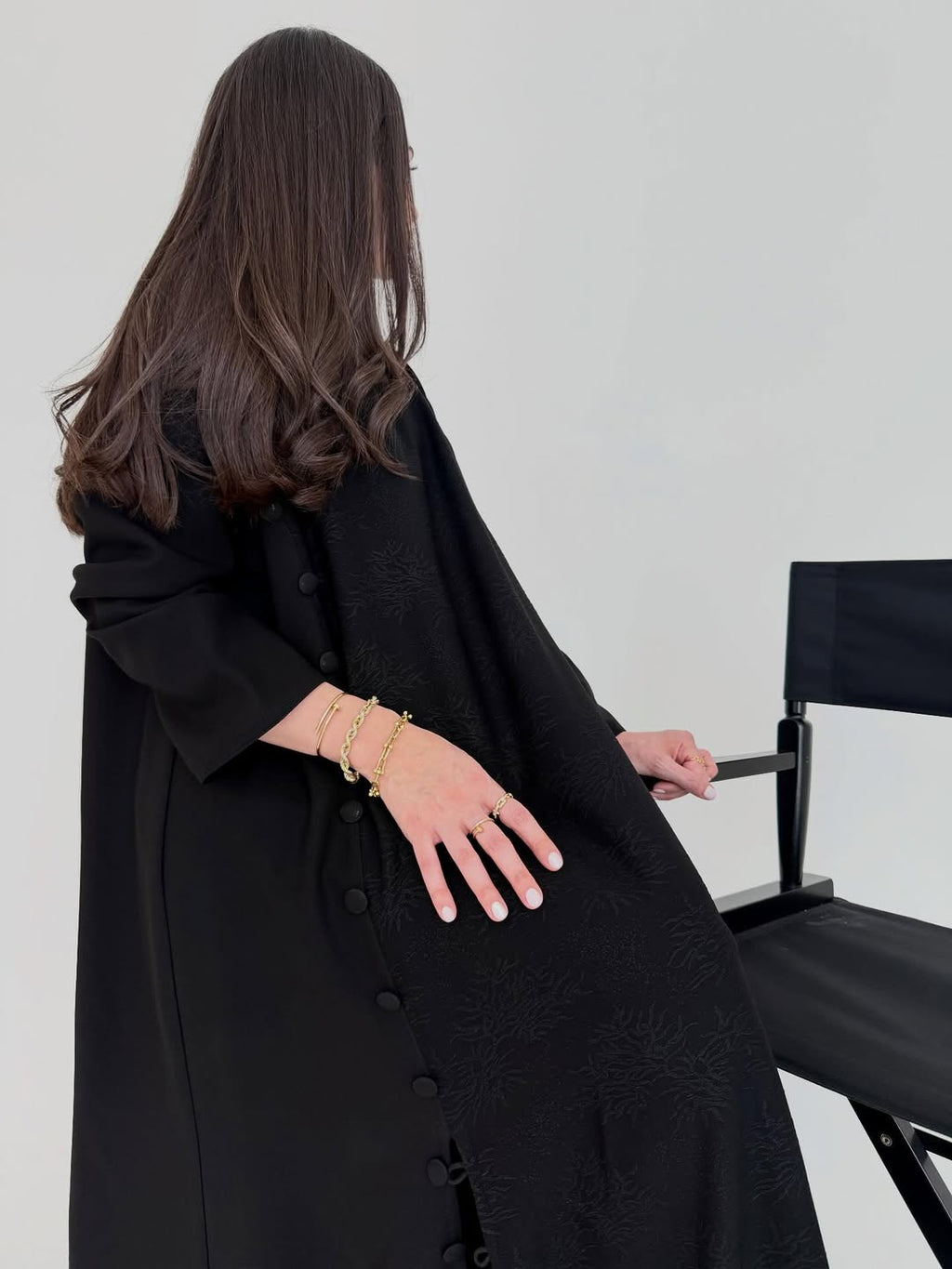 Black Textured Abaya with Side Button Detail