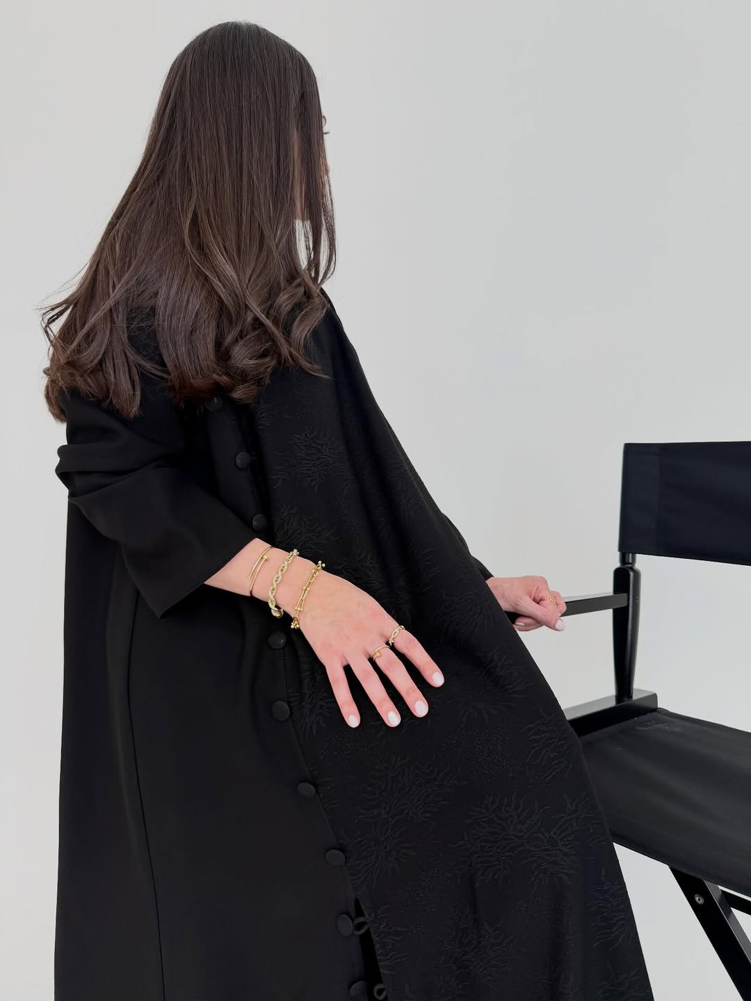 Black Textured Abaya with Side Button Detail