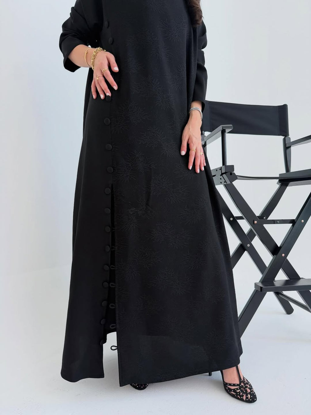Black Textured Abaya with Side Button Detail