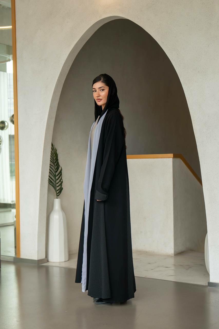 black crepe abaya  lined with gray chiffon