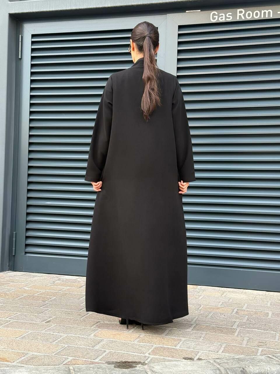 Black crepe abaya with Grey striped trimming