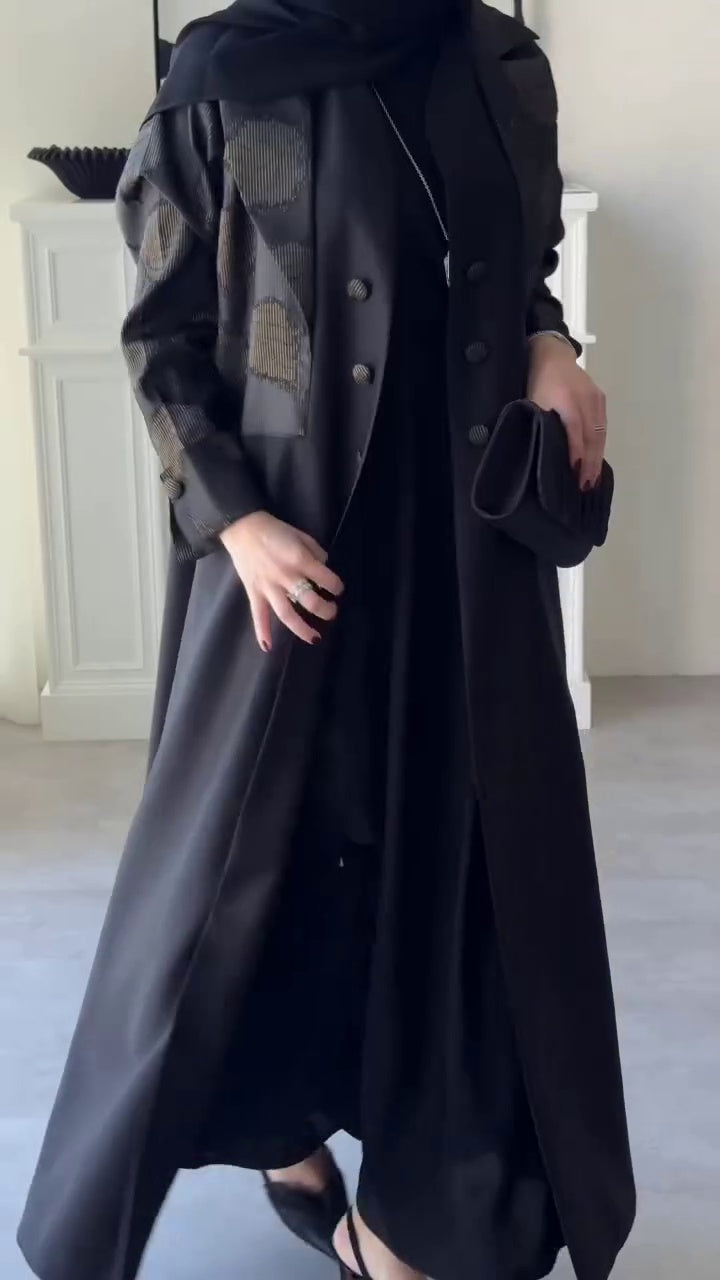 Elegant Two-Tone Open Abaya with Textured Overlay, black