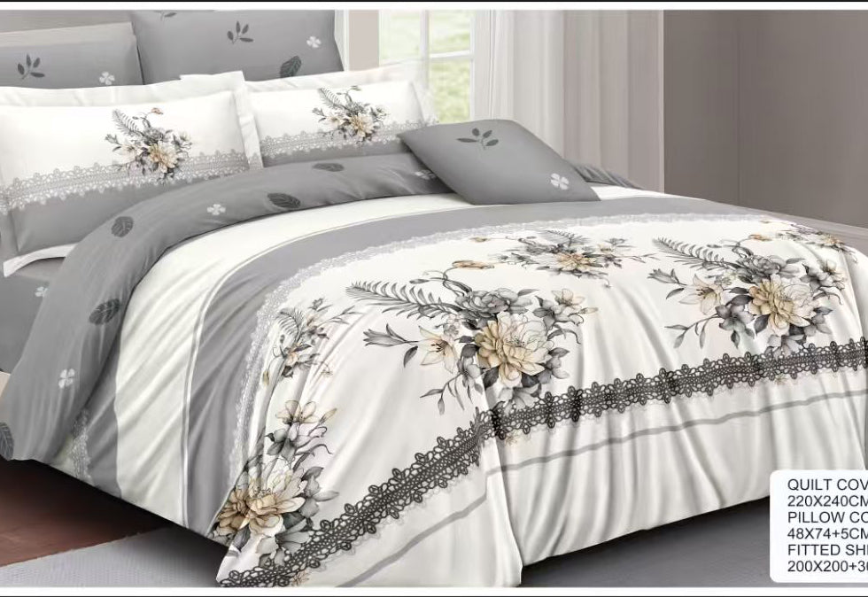White & Grey Lace Floral Cotton Bedsheet Set – 6 Piece