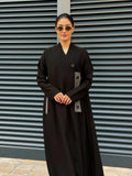 Black crepe abaya with Grey striped trimming