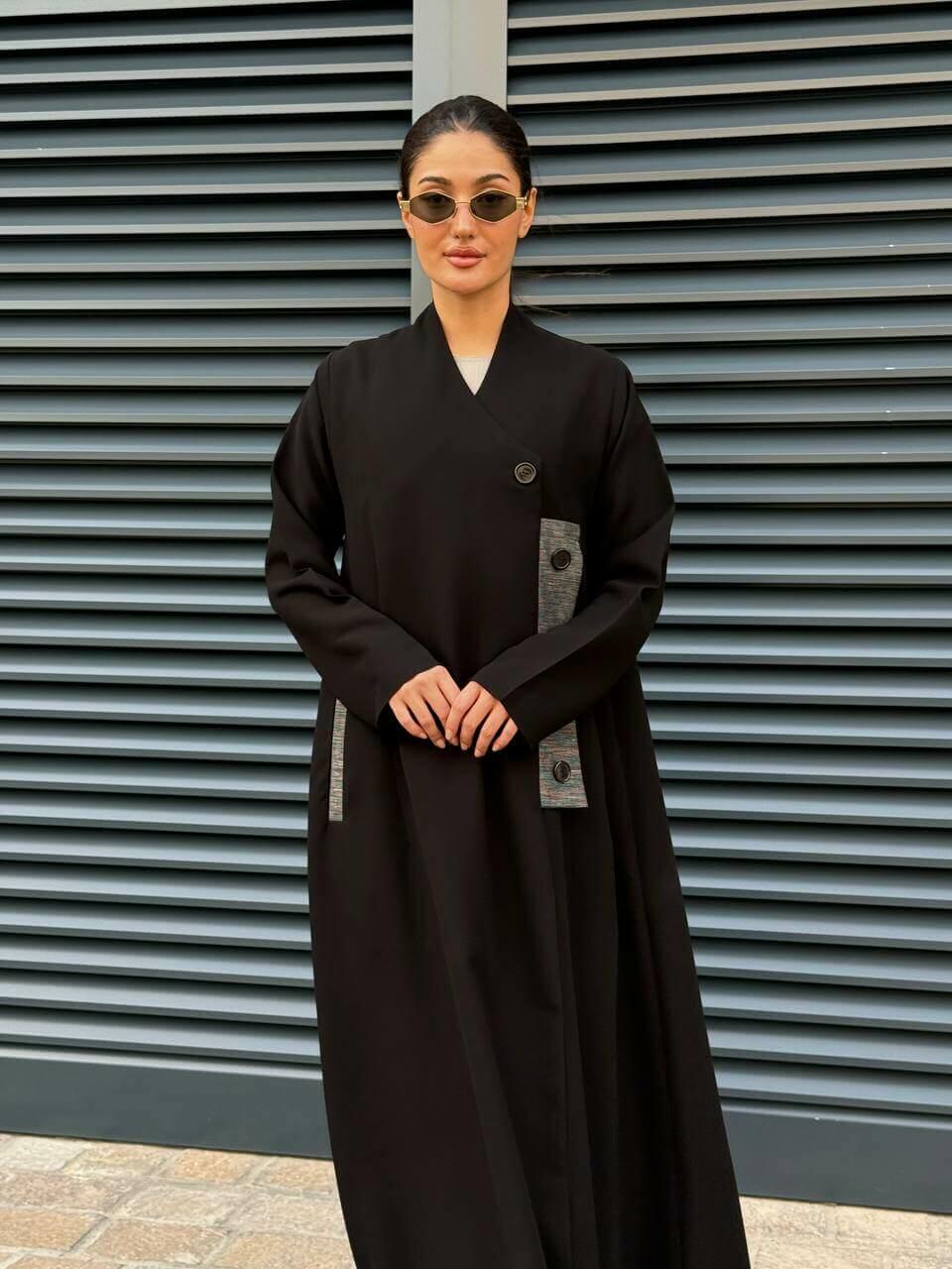Black crepe abaya with Grey striped trimming