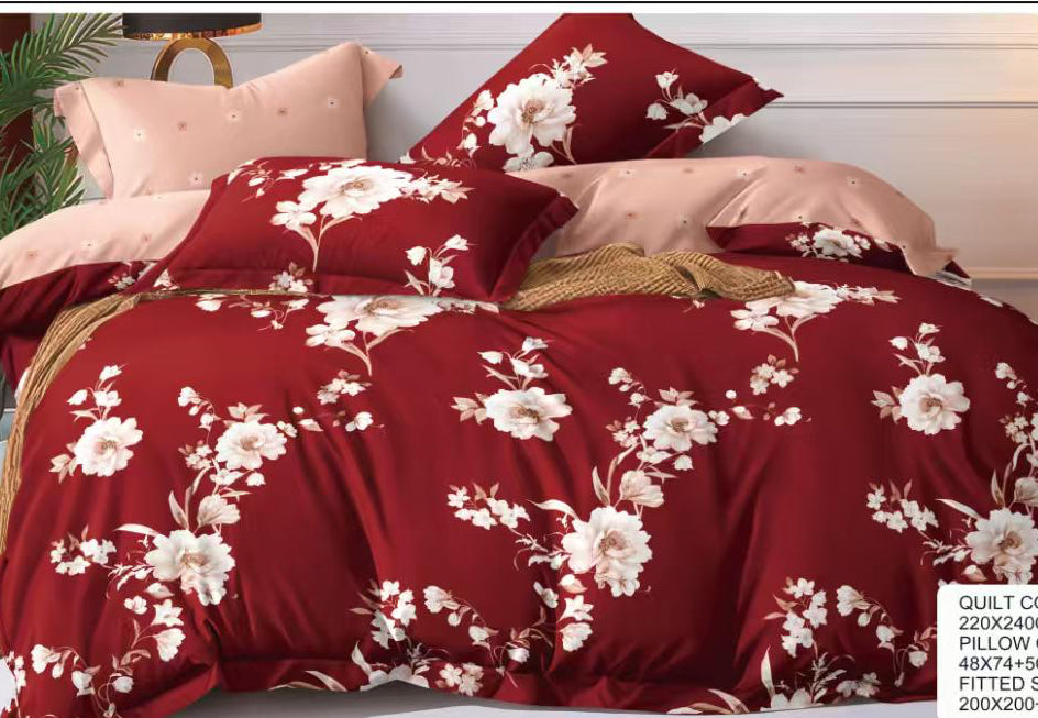 Maroon White Blossom Floral Cotton Bedsheet Set – 6 Piece