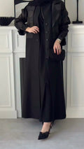 Elegant Two-Tone Open Abaya with Textured Overlay, black