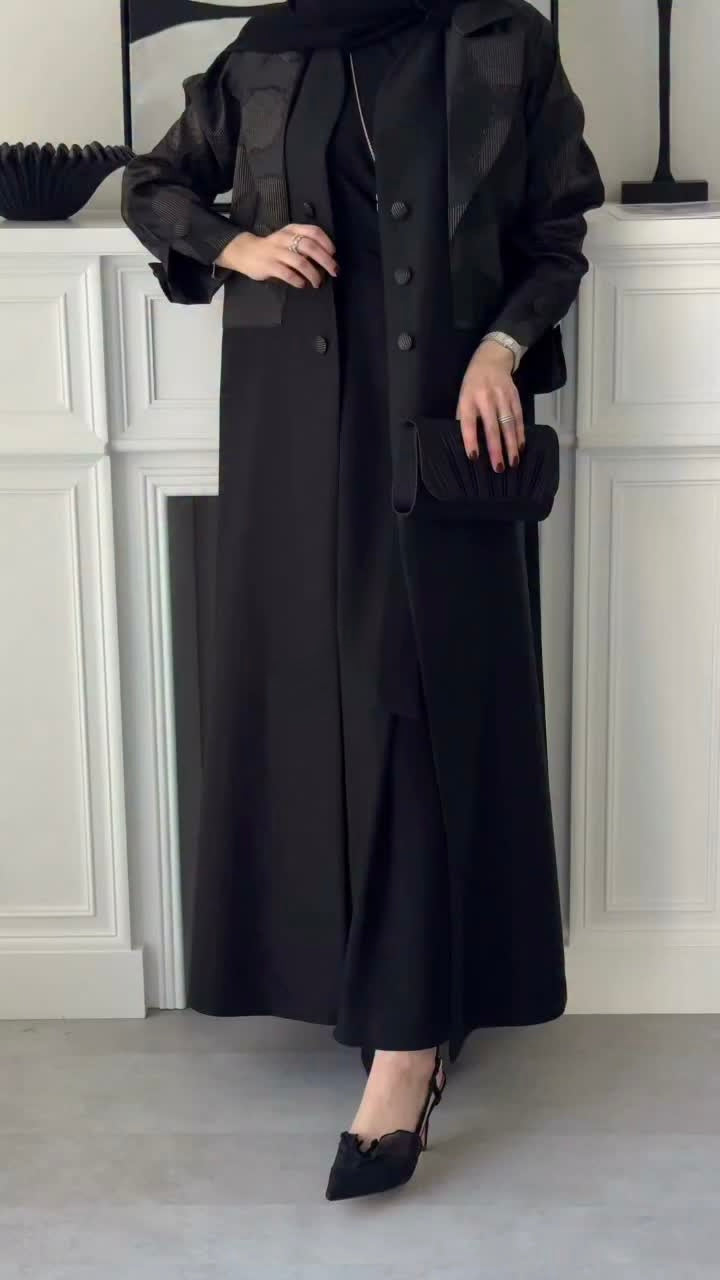 Elegant Two-Tone Open Abaya with Textured Overlay, black