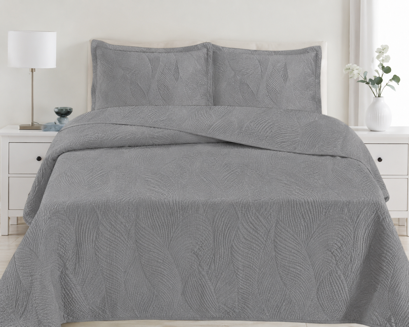 Luxury Slate Gray Bedspread Set - Embossed Leaf Pattern Quilted Coverlet