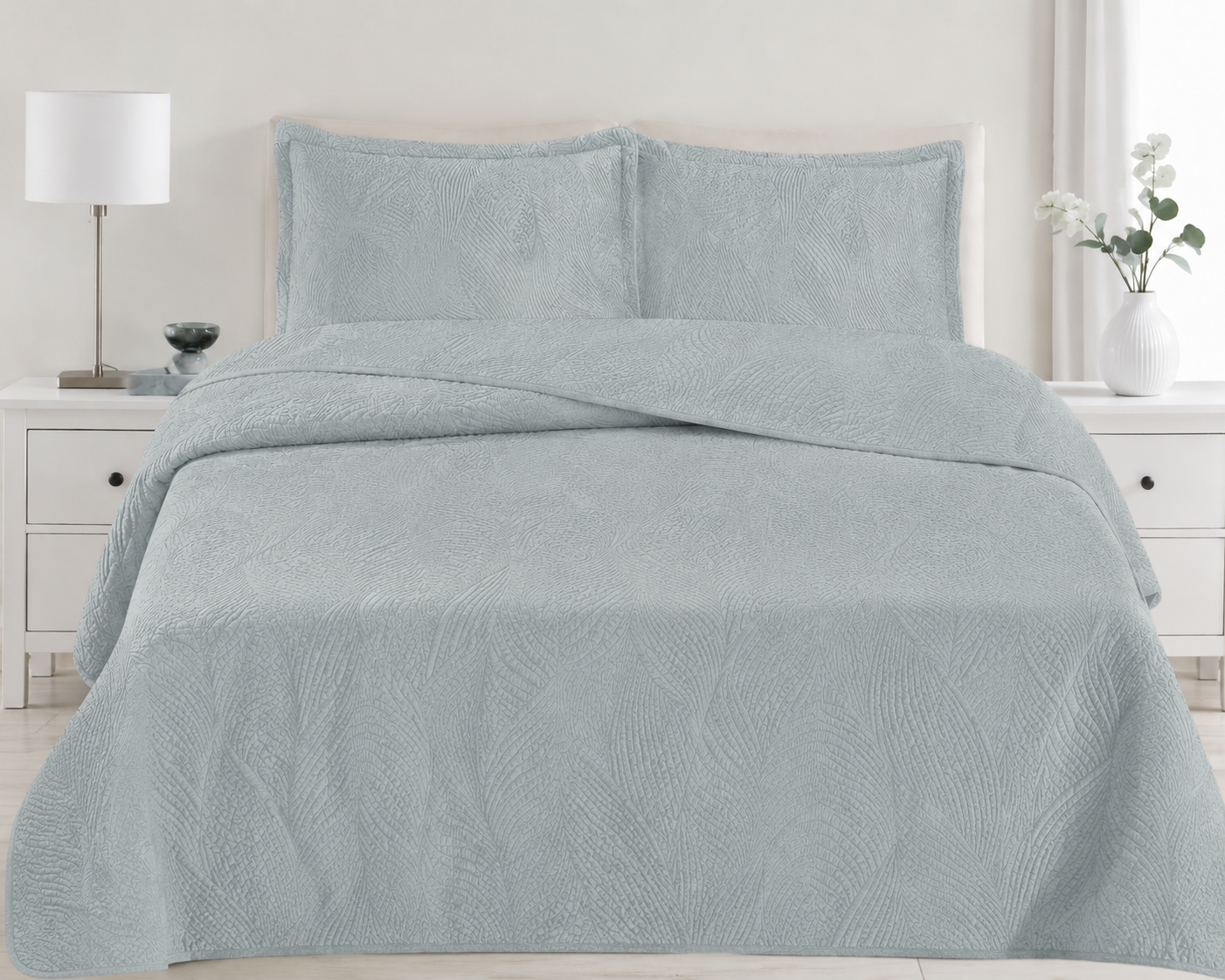 Premium Mint Green Bedspread Set - Elegant Quilted Leaf Pattern Coverlet