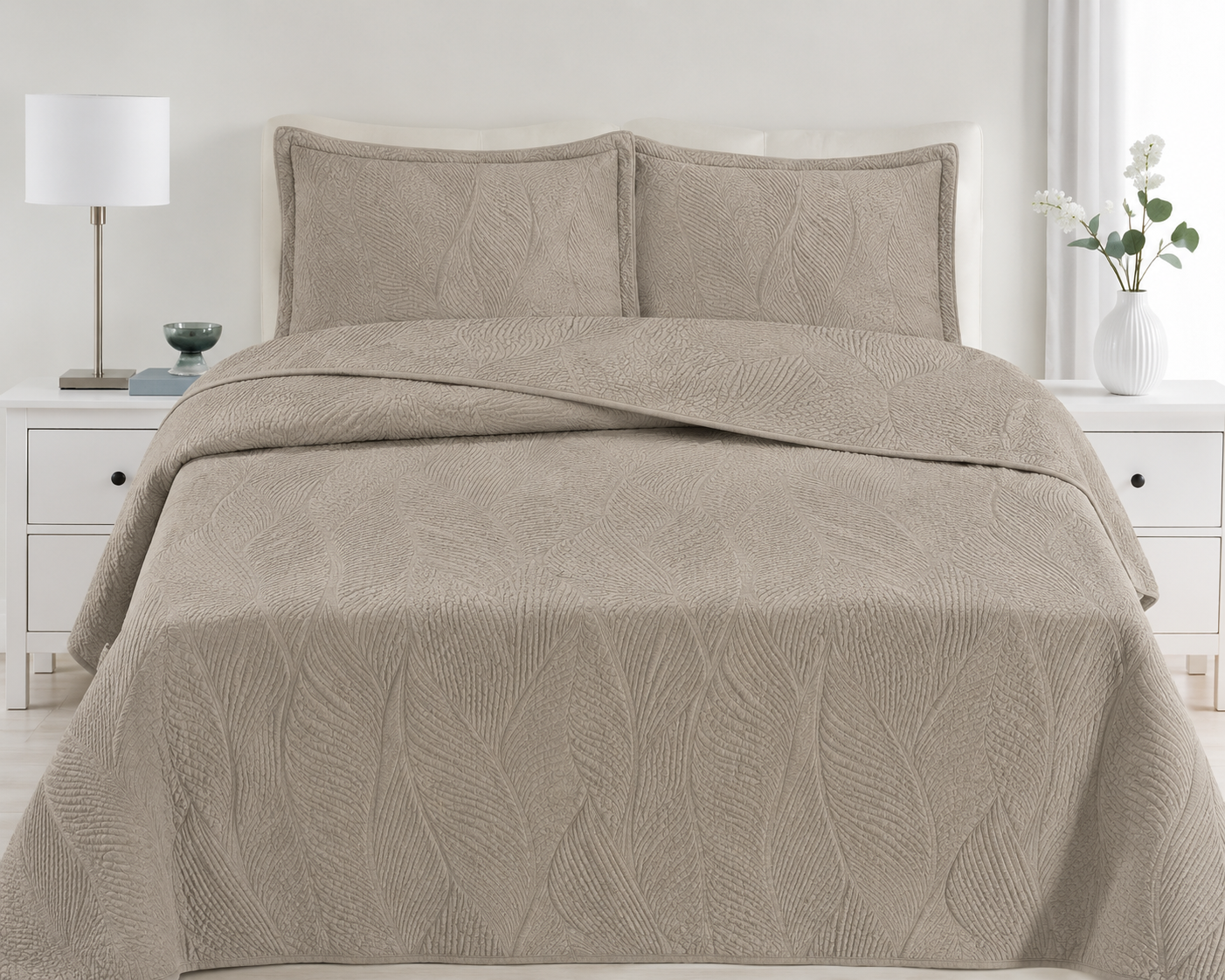 Premium Luxury Beige Bedspread Set - Embossed Quilted Coverlet