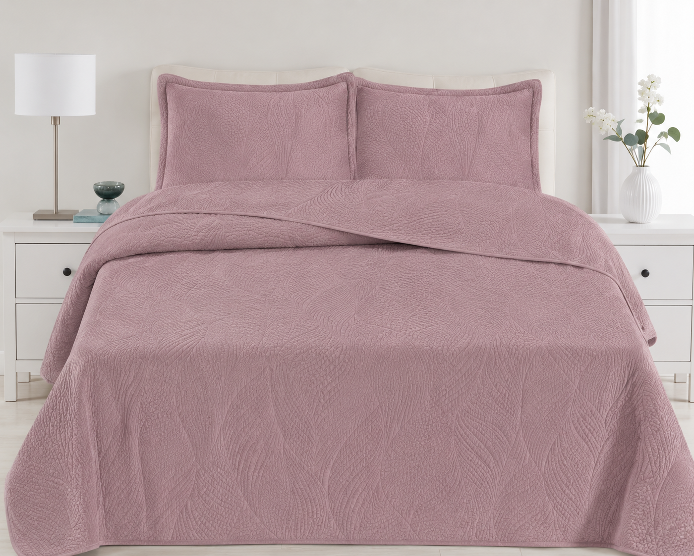 Luxury Dusty Rose Bedspread Set - Quilted Leaf Pattern Coverlet