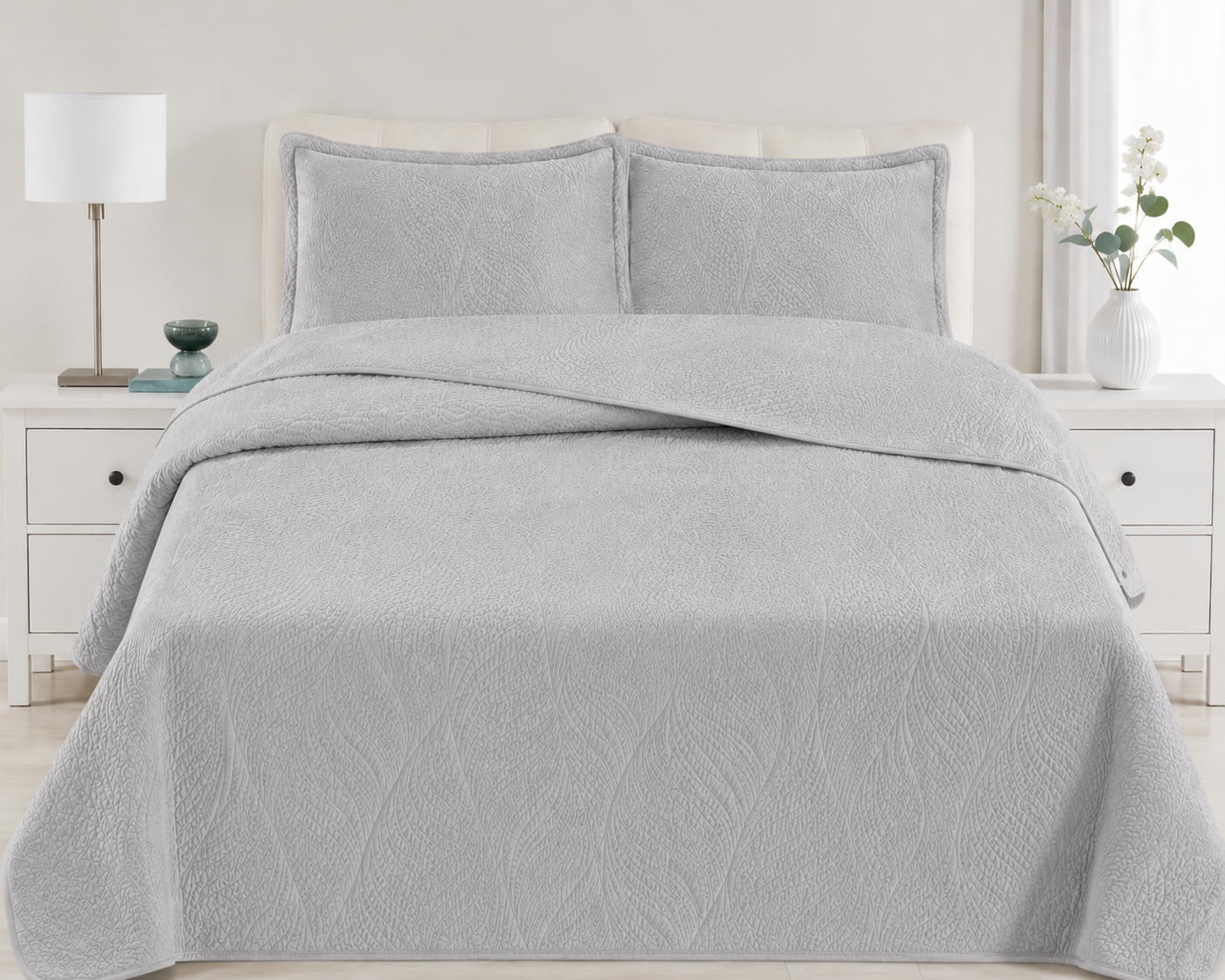 Premium Soft Ash Gray Bedspread Set - Embossed Texture Coverlet