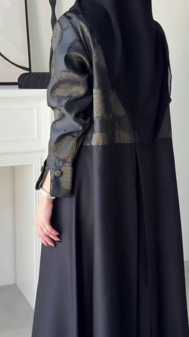 Elegant Two-Tone Open Abaya with Textured Overlay, black