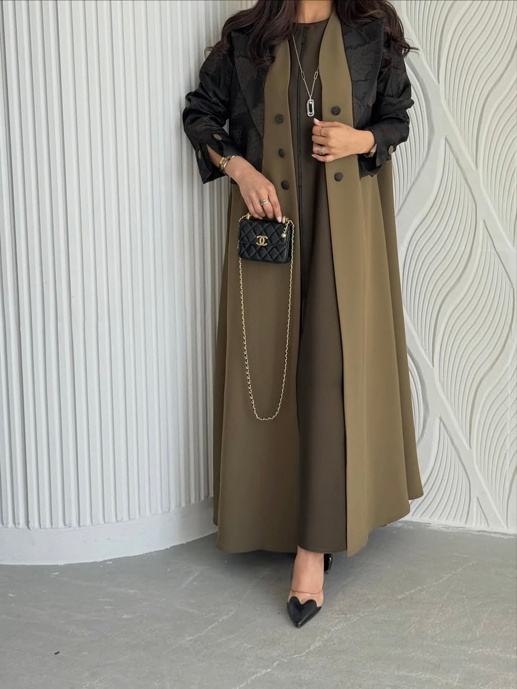 Elegant Two-Tone Open Abaya with Textured Overlay
