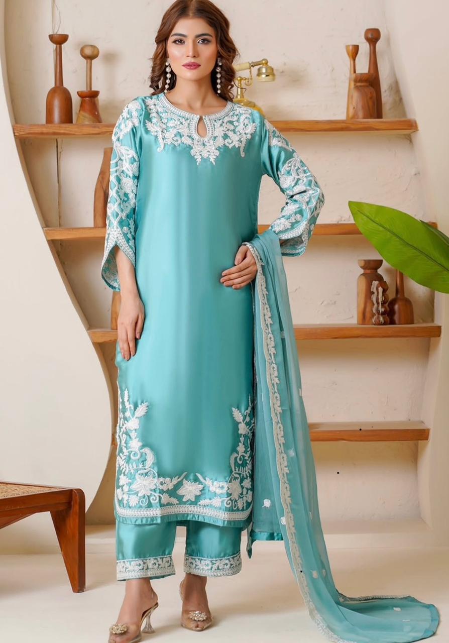 Sea Green Embroidered 3PC Suit – Elegant Chiffon Dupatta with White Thread Detailing