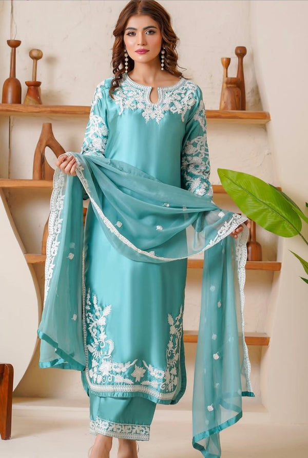 Sea Green Embroidered 3PC Suit – Elegant Chiffon Dupatta with White Thread Detailing